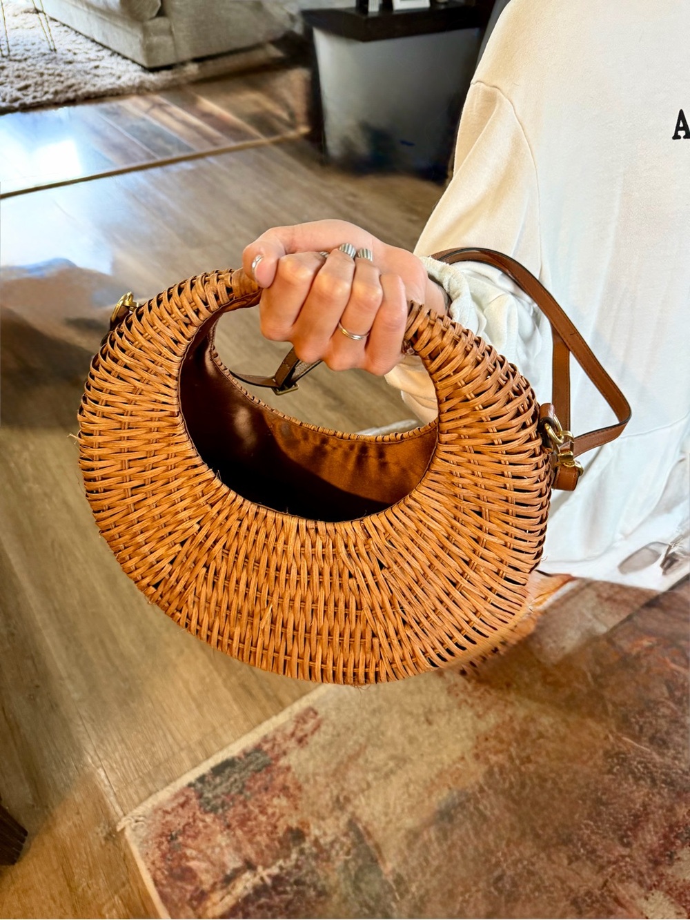 Handwoven Round Wicker Crossbody Bag - Tan
